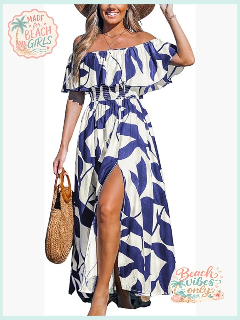 Off Shoulder Ruffle Maxi Dress Summer Beach Casual Slit